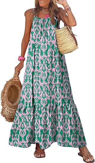 Women's Summer Dress Spaghetti Strap Round Neck Ruffle Flowing Bohemian Maxi Dress Color: Green