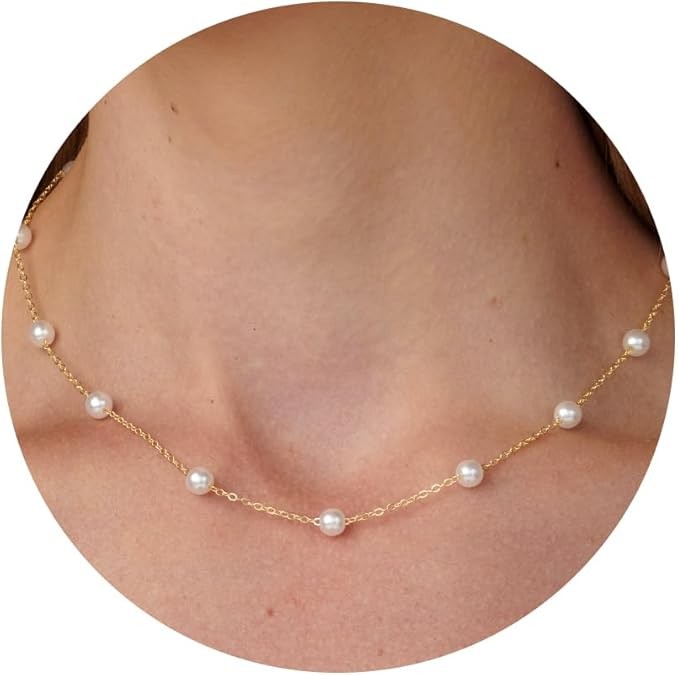 Pearl Necklace for Women- 14K Gold-plated/White Gold-plated Dainty Pearl Necklace for Women Color: Gold pearl station