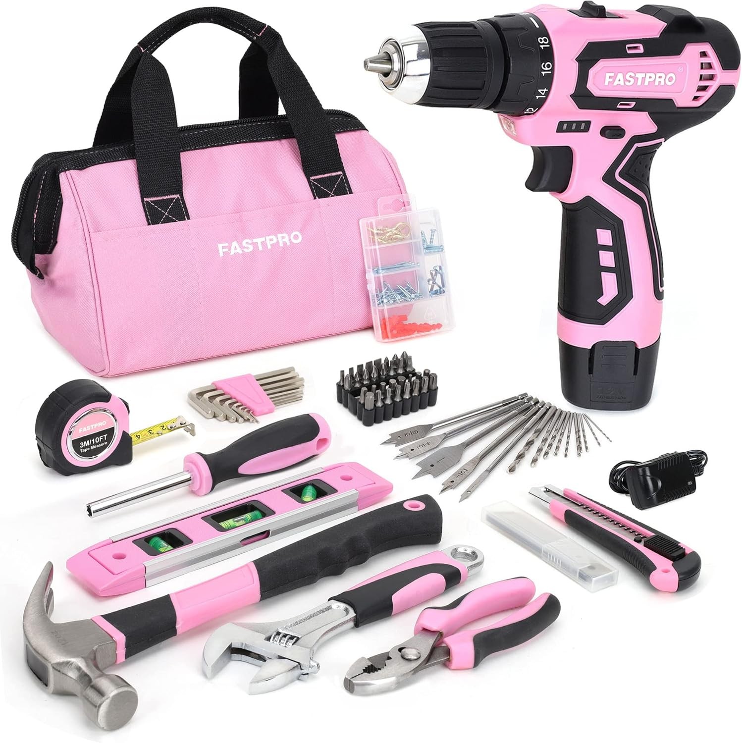 FASTPRO 175-Piece 12V Pink Drill Set, Cordless Lithium-ion Driver and Tool Kit, House Repairing Tool with 12-Inch Storage Bag, For DIY, Home Maintenance. Color: Pink