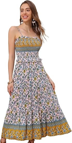 Bohemian style summer floral dress for women, spaghetti strap A-line flowing pleated maxi dress Color: Pink