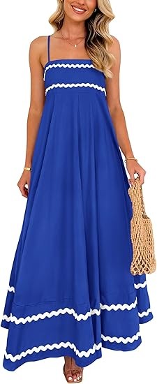 Women's summer flowing long dress casual sleeveless spaghetti strap ruffled beach dress Color: Royal Blue