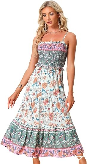 Bohemian style summer floral dress for women, spaghetti strap A-line flowing pleated maxi dress Color: Light Green