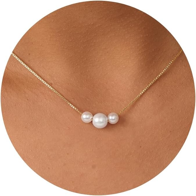 Pearl Necklace for Women- 14K Gold-plated/White Gold-plated Dainty Pearl Necklace for Women Color: Gold 3pearl box chain