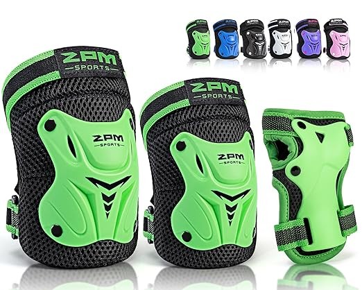 2PM SPORTS Children's Knee Pads, Wrist Pads, Knee Pads and Elbow Pads Set with Drawstring Bag, Girls Boys Roller Skating Cycling Skateboarding Protective Gear Set - Green (Small)