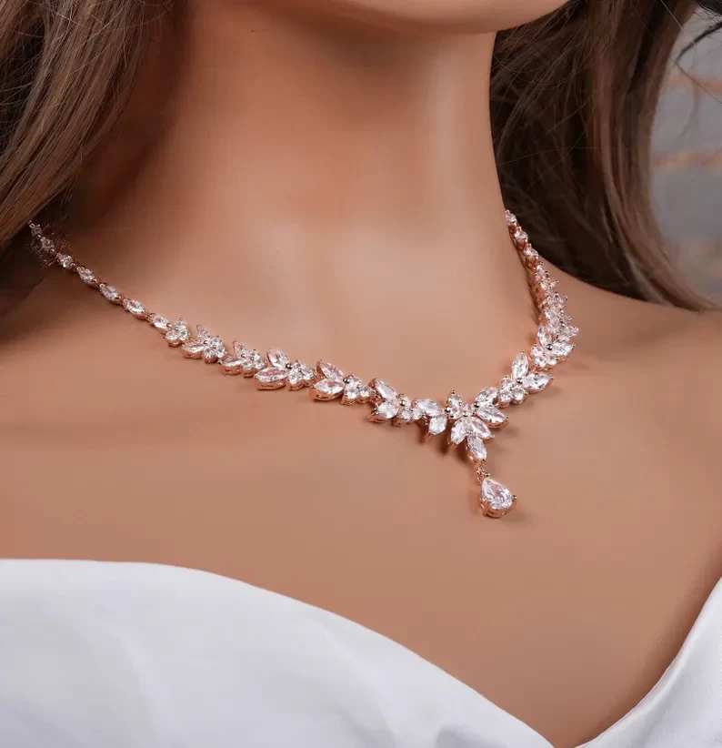 Bridal Necklace set Rose Gold Wedding Jewelry for Bride Rose Gold Bridal Jewelry Crystal Bridal Necklace Set Bridesmaid Jewelry Set