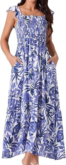 Women's Summer Dresses Ruffled Bohemian Sundress Square Neck Ruffle Cap Sleeve Floral Flowing Maxi Dress Color: Dark Blue