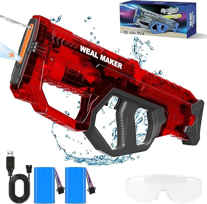Adult/Child Powerful Automatic Water Filling Electric Water Gun, Automatic Water Spray Gun, with 2 Large Capacity Batteries, Waterproof Water Gun, Suitable for Summer Pool/Beach Toys (Red)
