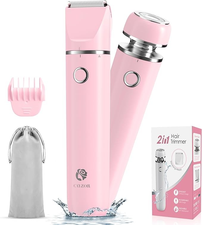 Women's Bikini Trimmer and Shaver Set - 2 in 1 Wet and Dry Electric Body Hair Trimmer Facial Hair Removal Cordless Waterproof Bikini Shaver for Face Lip Chin Pubic Hair Armpits Legs (Pink)
