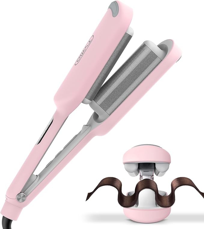 Curling Wands - TYMO ROVY Beach Wave Curling Wand, Ionic Deep Curling Iron with Ceramic 3-Tubes, for Women, Dual Voltage, Anti-Burn, Easy to Use, Pink, 1 Inch