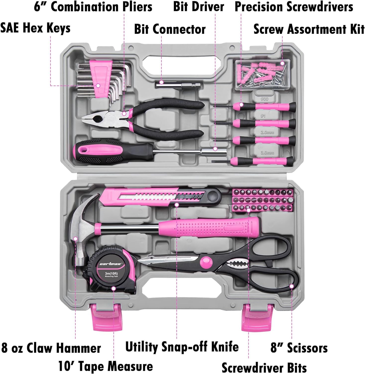 CARTMAN Tool Set General Household Hand Tool Kit with Plastic Toolbox Storage Case Pink Color: Pink Plus