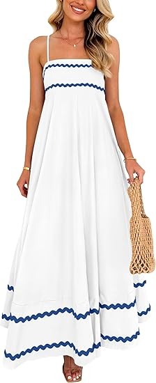 Women's summer flowing long dress casual sleeveless spaghetti strap ruffled beach dress Color: White Blue