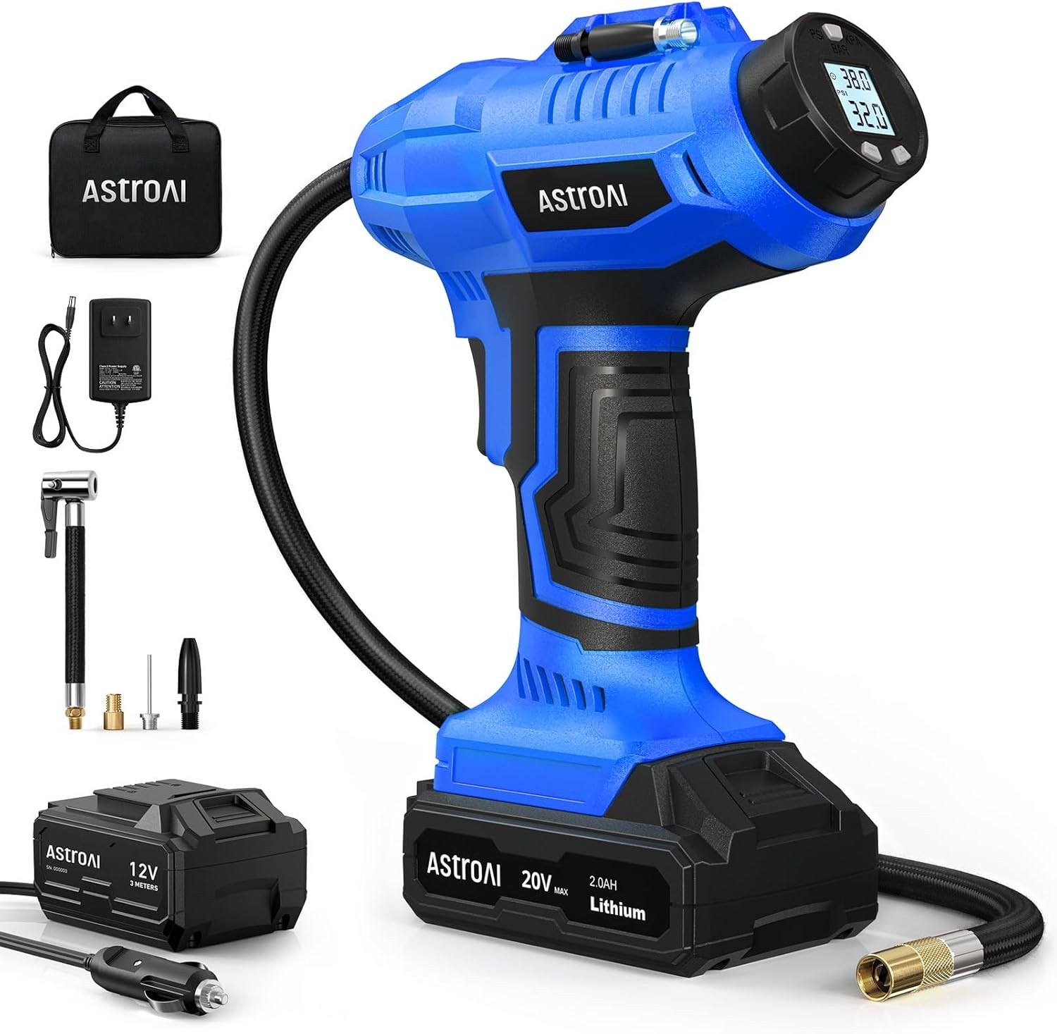 AstroAI Cordless Tire Inflator Air Compressor 20V Rechargeable Battery Powered 160PSI Portable Handheld Air Pump with 12V Car Power Adapter Digital Pressure Gauge for Cars Motorcycles Blue