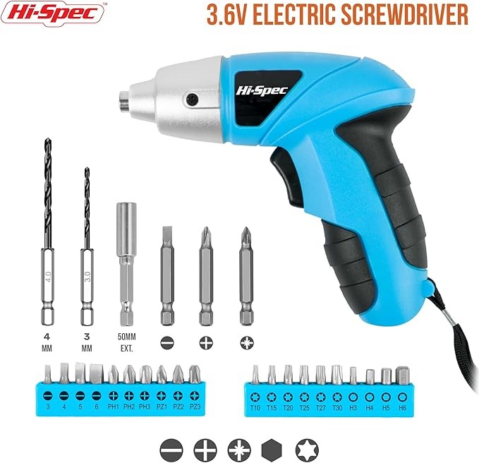 Hi-Spec Electric Screwdriver 27 Piece 3.6V USB Compact Electric Screwdriver Set. Wireless charging, with screwdriver set Color: Blue