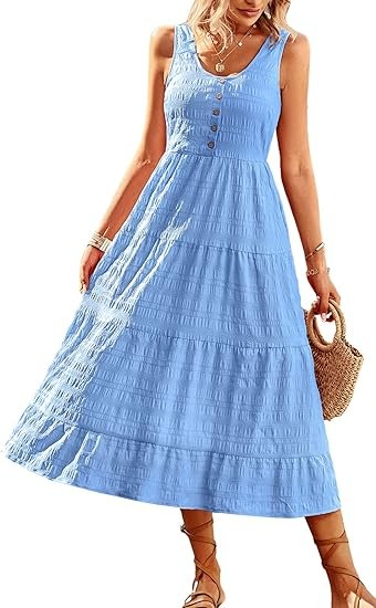 Women's Casual Summer Dress Loose Sleeveless Tank Dress Ruffled Layered Flowy Midi Sundress with Pockets Color: Blue