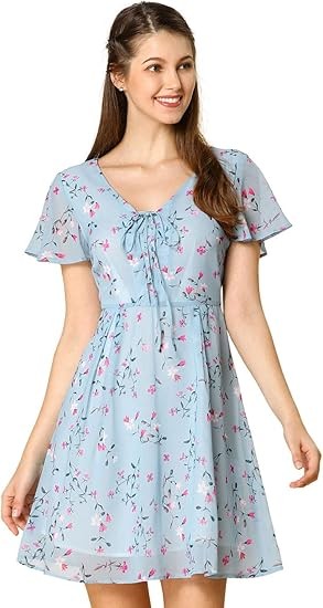 Allegra K Women's Floral Printed Spring Summer Flare Short Sleeve Lace-up V Neck Chiffon Dress Color: Blue