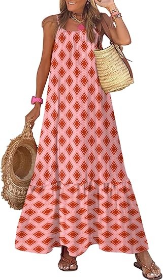 Women's Summer Dress Spaghetti Strap Round Neck Ruffle Flowing Bohemian Maxi Dress Color: Multicolor