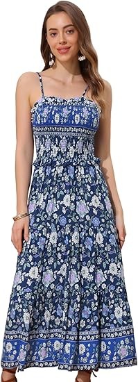Bohemian style summer floral dress for women, spaghetti strap A-line flowing pleated maxi dress Color: Blue