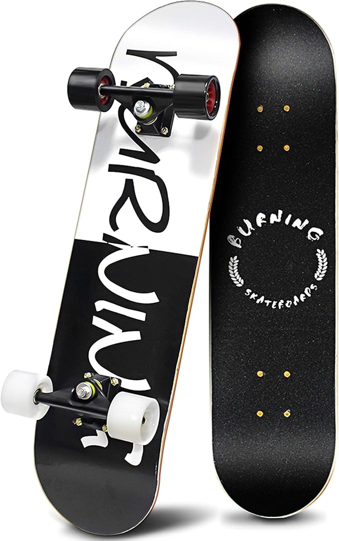 Easy_Way Complete Skateboards- Standard Skateboards for Beginners Kids Boys Girls Teenager- 31''x 8''Canadian Maple Cruiser Pro Skate Board Color: white and blk
