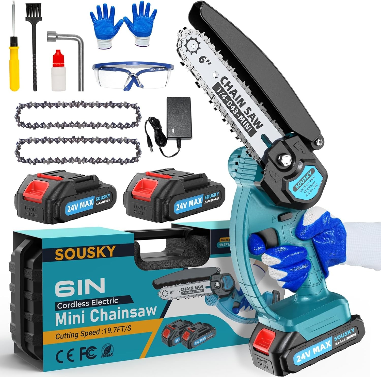 6 Inch Mini Chainsaw Cordless, 24V 2000mAh Rechargeable Battery, Auto-Oil, Lightweight & Safe Chainsaw for Women/Men/Seniors/Craftsman, Garden Tree Cutting, Wood Pruning Tool Color: Blue