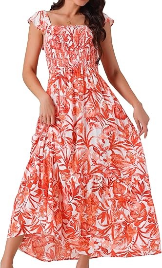 Women's Summer Dresses Ruffled Bohemian Sundress Square Neck Ruffle Cap Sleeve Floral Flowing Maxi Dress  Color: Orange
