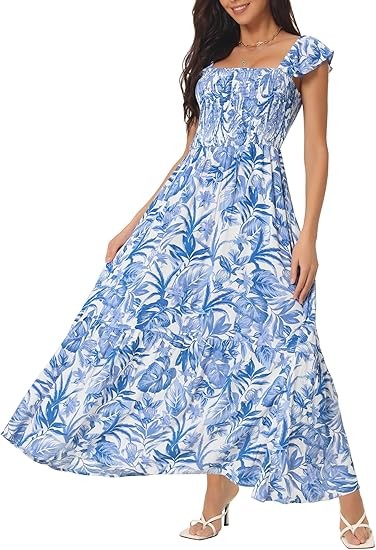 Women's Summer Dresses Ruffled Bohemian Sundress Square Neck Ruffle Cap Sleeve Floral Flowing Maxi Dress Color: Blue