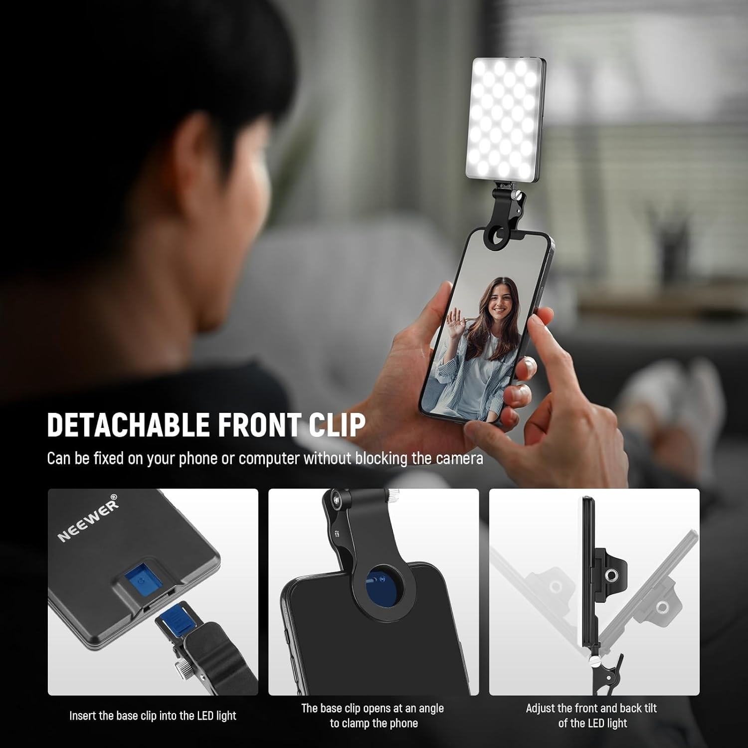 Neewer LED Video Conference Light for Mobile Phone&MacBook&Computer, Adjustable Zoom Lighting with 3 Light Modes/2000mAh Battery/Phone Clamp for Remote Working, Zoom, Self-Broadcasting, Live Streaming