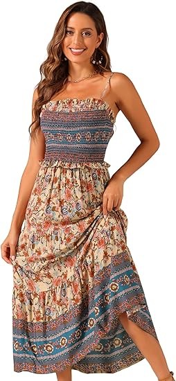 Bohemian style summer floral dress for women, spaghetti strap A-line flowing pleated maxi dress Color: Apricot