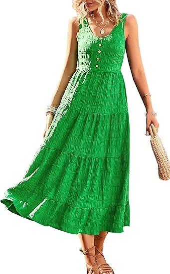Women's Casual Summer Dress Loose Sleeveless Tank Dress Ruffled Layered Flowy Midi Sundress with Pockets Color: Green