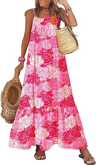 Women's Summer Dress Spaghetti Strap Round Neck Ruffle Flowing Bohemian Maxi Dress Color: Rose