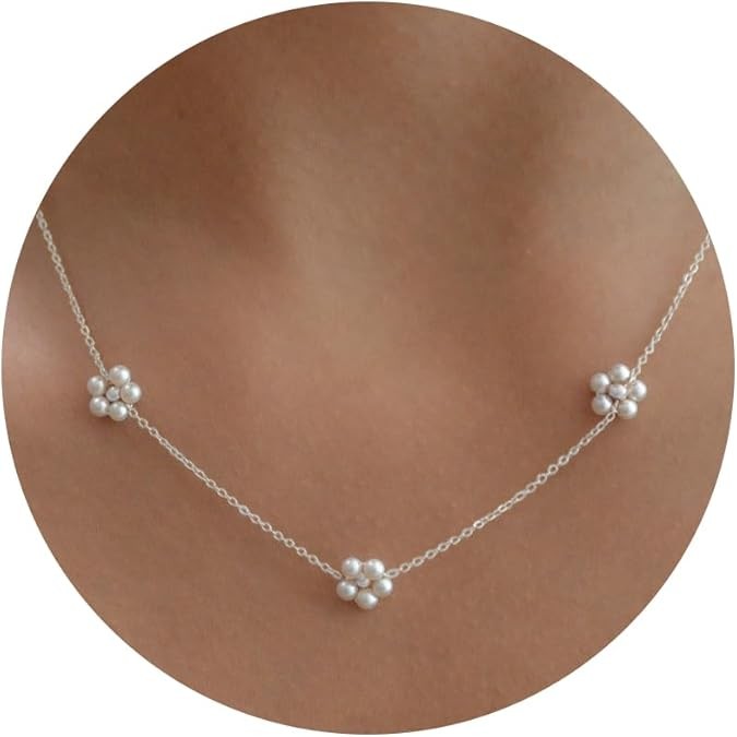 Pearl Necklace for Women- 14K Gold-plated/White Gold-plated Dainty Pearl Necklace for Women Color: Silver daisy flower