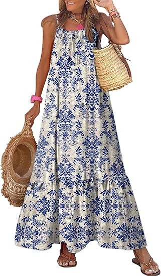 Women's Summer Dress Spaghetti Strap Round Neck Ruffle Flowing Bohemian Maxi Dress Color: Sky Blue