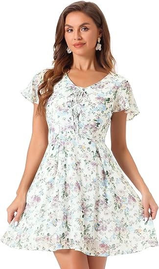 Allegra K Women's Floral Printed Spring Summer Flare Short Sleeve Lace-up V Neck Chiffon Dress Color: White Purple