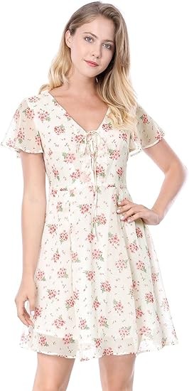 Allegra K Women's Floral Printed Spring Summer Flare Short Sleeve Lace-up V Neck Chiffon Dress Color: White