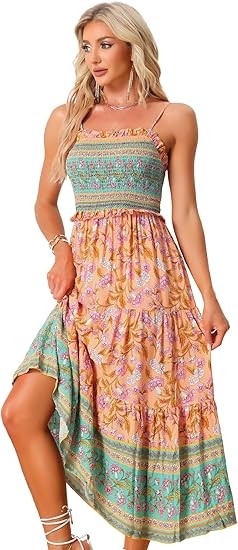 Bohemian style summer floral dress for women, spaghetti strap A-line flowing pleated maxi dress Color: Orange