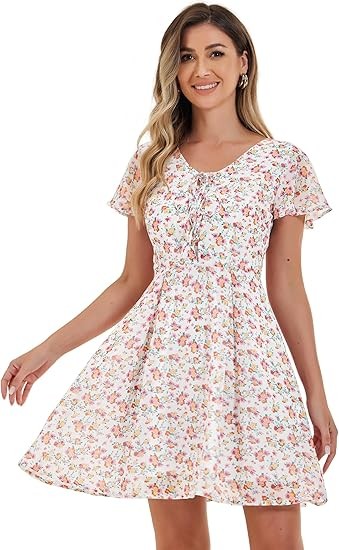 Allegra K Women's Floral Printed Spring Summer Flare Short Sleeve Lace-up V Neck Chiffon Dress Color: White Pink