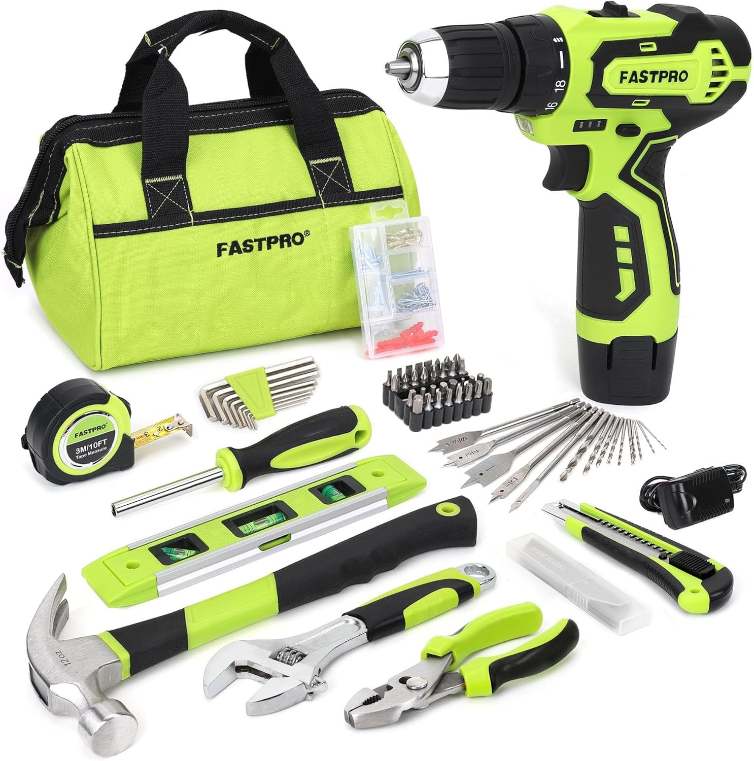FASTPRO 175-Piece 12V Pink Drill Set, Cordless Lithium-ion Driver and Tool Kit, House Repairing Tool with 12-Inch Storage Bag, For DIY, Home Maintenance. Color: Green