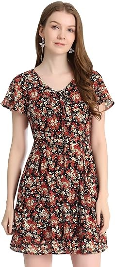 Allegra K Women's Floral Printed Spring Summer Flare Short Sleeve Lace-up V Neck Chiffon Dress Color: Black Red