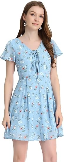 Allegra K Women's Floral Printed Spring Summer Flare Short Sleeve Lace-up V Neck Chiffon Dress Color: Light Blue