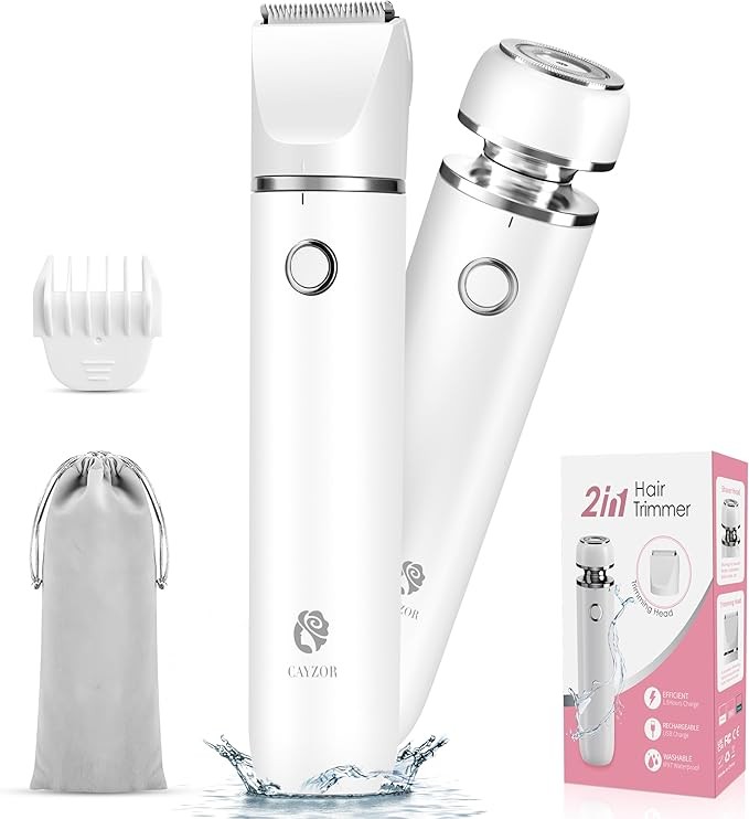 Women's Bikini Trimmer and Shaver Set - 2 in 1 Wet and Dry Electric Body Hair Trimmer Facial Hair Removal Cordless Waterproof Bikini Shaver for Face Lip Chin Pubic Hair Armpit Legs (White)