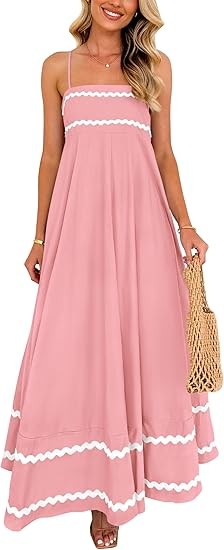 Women's summer flowing long dress casual sleeveless spaghetti strap ruffled beach dress Color: Pink