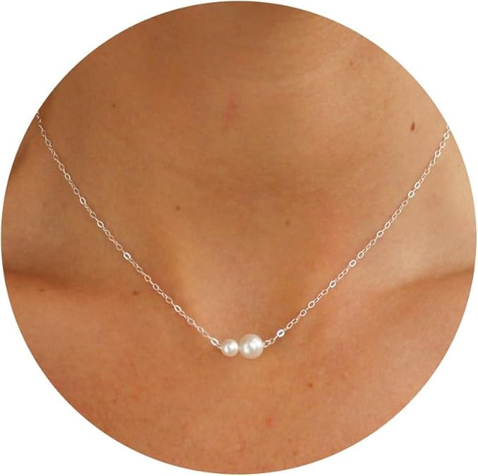 Pearl Necklace for Women- 14K Gold-plated/White Gold-plated Dainty Pearl Necklace for Women Color: Silver 2 pearls