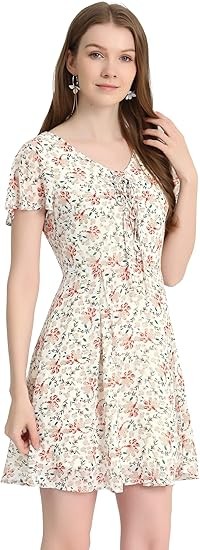 Allegra K Women's Floral Printed Spring Summer Flare Short Sleeve Lace-up V Neck Chiffon Dress Color: Whites