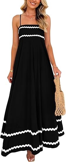 Women's summer flowing long dress casual sleeveless spaghetti strap ruffled beach dress Color: Black