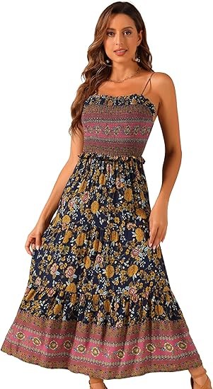 Bohemian style summer floral dress for women, spaghetti strap A-line flowing pleated maxi dress Color: Navy Blue