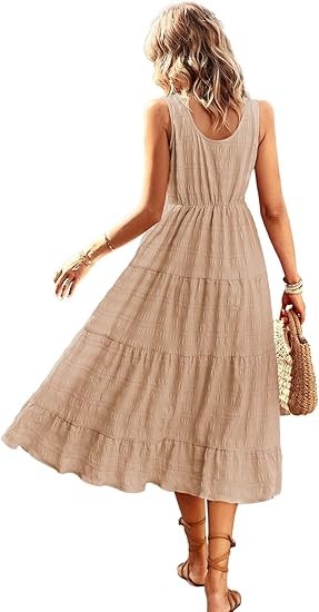 Women's Casual Summer Dress Loose Sleeveless Tank Dress Ruffled Layered Flowy Midi Sundress with Pockets Color: Khaki