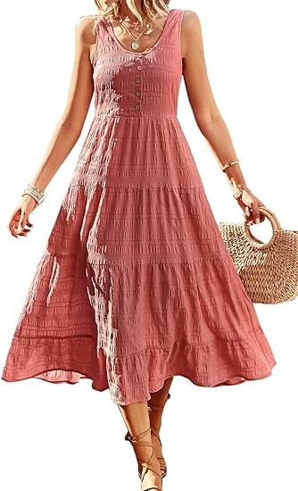 Women's Casual Summer Dress Loose Sleeveless Tank Dress Ruffled Layered Flowy Midi Sundress with Pockets Color: Dusty Pink