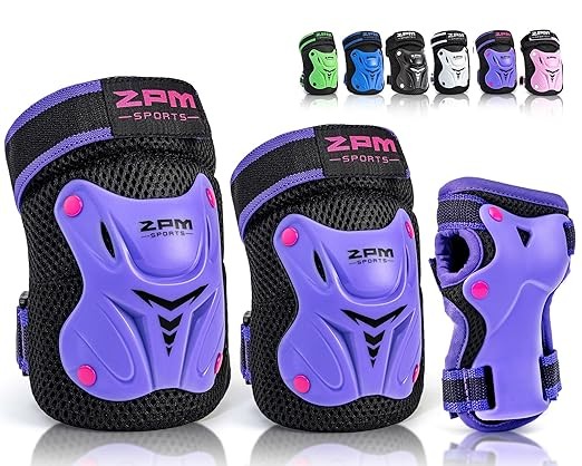 2PM SPORTS Knee Pads for Kids, Wrist Guards Knee and Elbow Pads Set with Drawstring Bag, Protective Gear Set for Girls Boys Roller Skating Cycling Skateboard - Purple Small