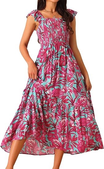 Women's Summer Dresses Ruffled Bohemian Sundress Square Neck Ruffle Cap Sleeve Floral Flowing Maxi Dress  Color: Hot Pink